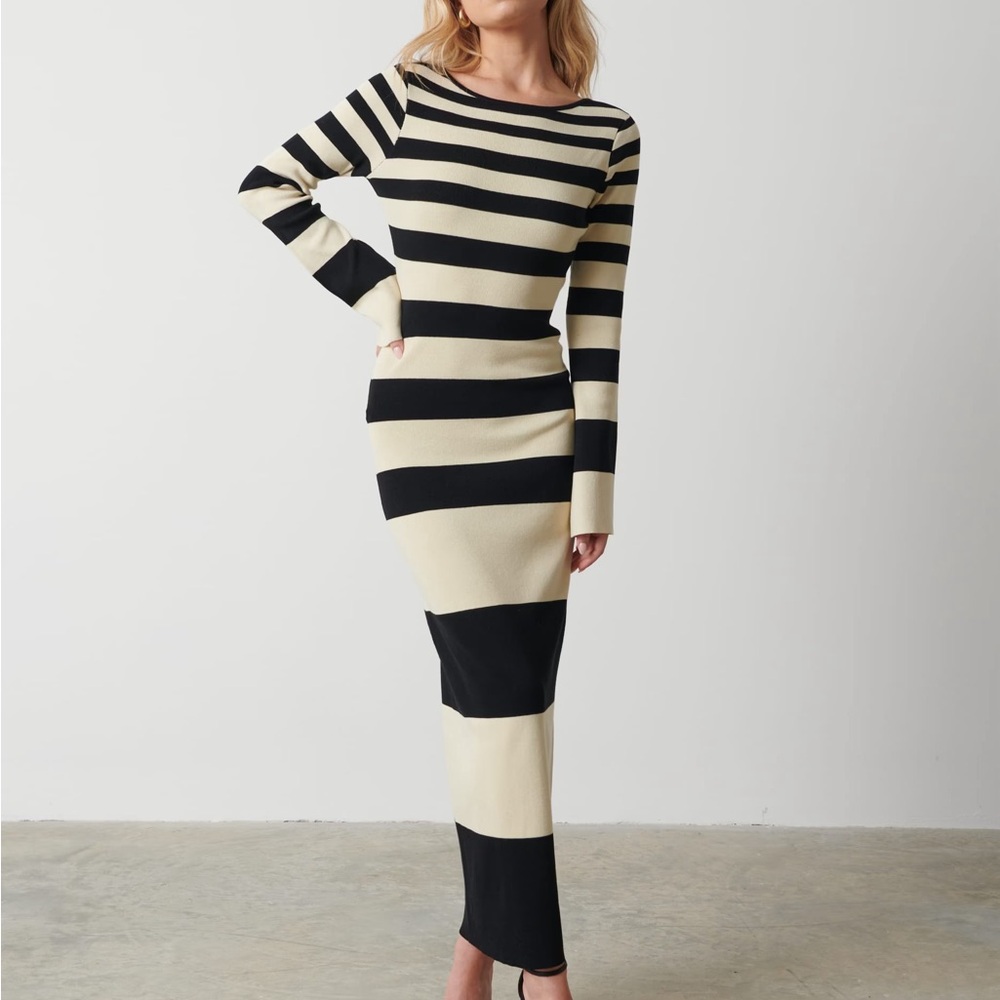 Pretty Lavish Knit Striped Black and Cream Maxi Dress